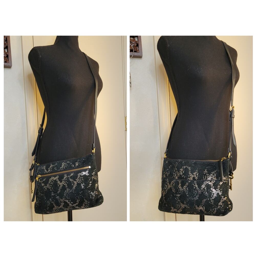 FOSSIL Fiona Leather Suede Silver Metallic Snakeskin Small Crossbody Adjustable - Picture 4 of 12